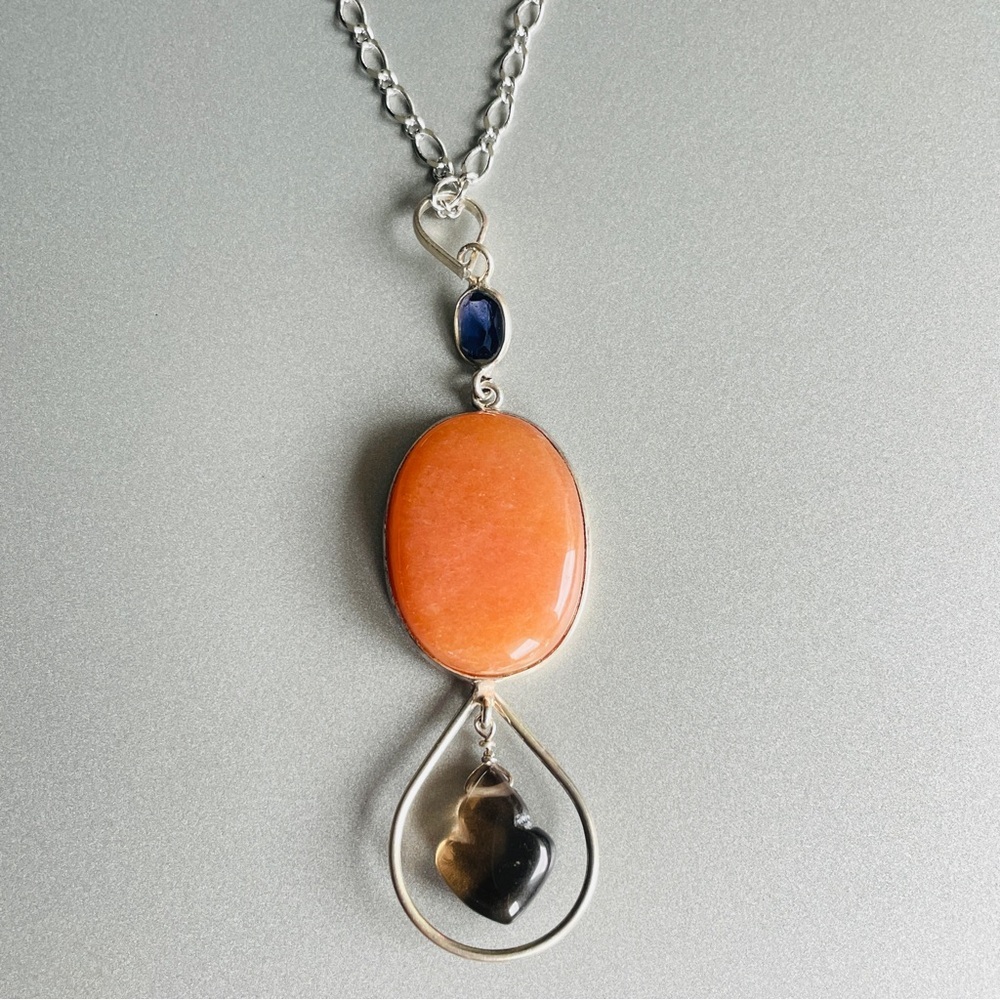 Natural Red Aventurine, Amethyst, Smoky Quartz Sterling Silver Pendant N…